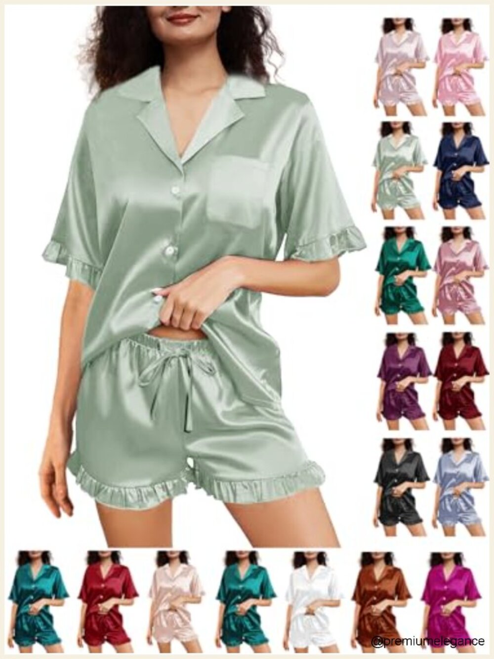 Silky Satin Ruffle Pajama Set - Button Down Sleepwear Lounge Shorts, XS-4XL